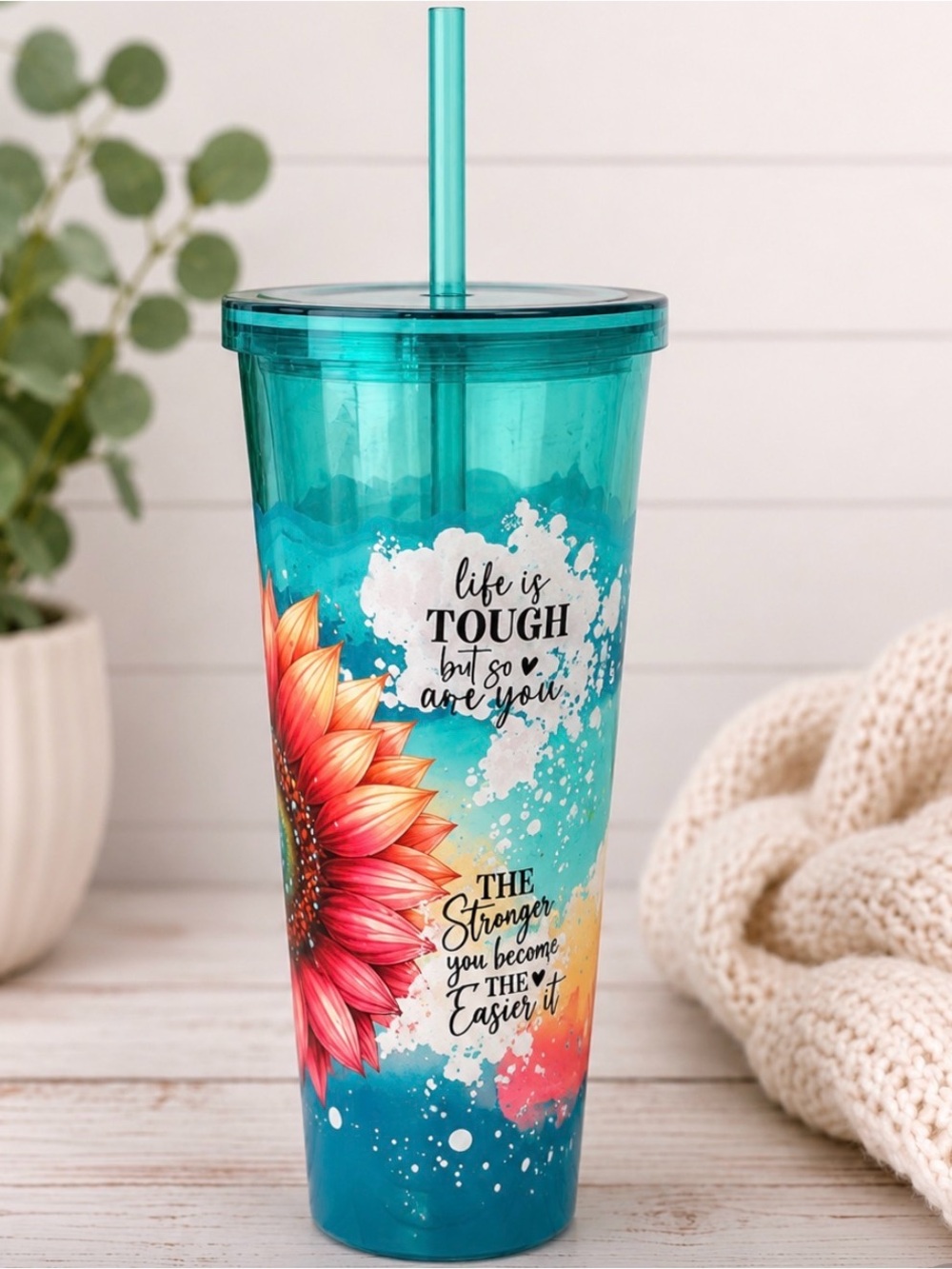Turquoise Floral Sunflower Tumbler with Straw - Picture 2 of 2